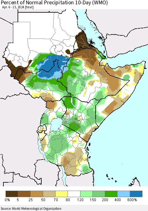 Eastern Africa Percent of Normal Precipitation 10-Day (WMO) Thematic Map For 4/6/2024 - 4/15/2024