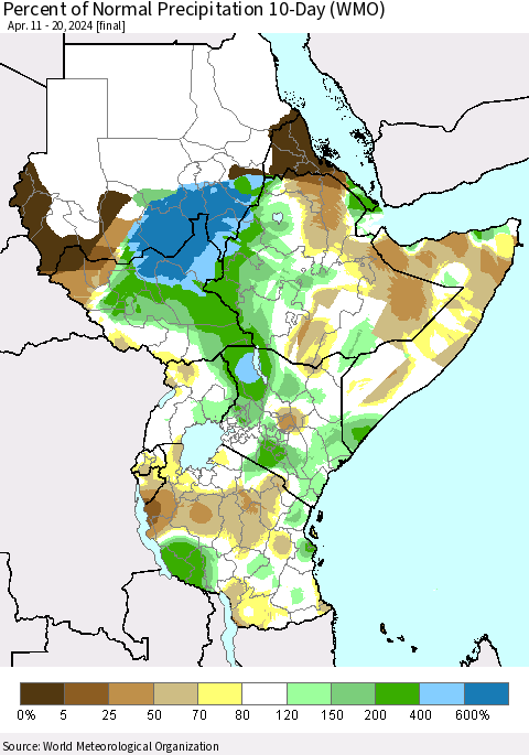 Eastern Africa Percent of Normal Precipitation 10-Day (WMO) Thematic Map For 4/11/2024 - 4/20/2024