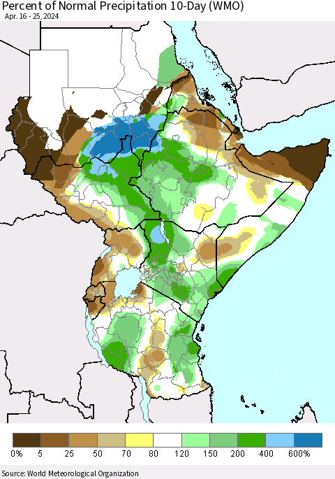 Eastern Africa Percent of Normal Precipitation 10-Day (WMO) Thematic Map For 4/16/2024 - 4/25/2024