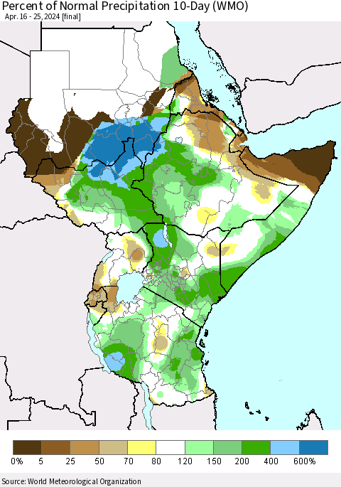 Eastern Africa Percent of Normal Precipitation 10-Day (WMO) Thematic Map For 4/16/2024 - 4/25/2024