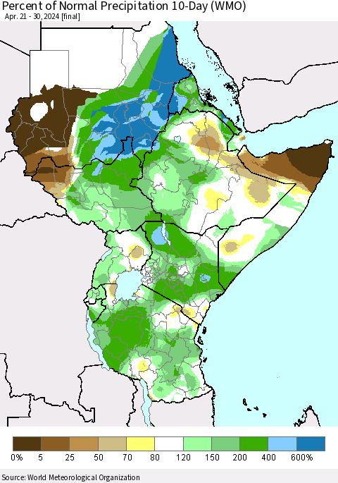 Eastern Africa Percent of Normal Precipitation 10-Day (WMO) Thematic Map For 4/21/2024 - 4/30/2024