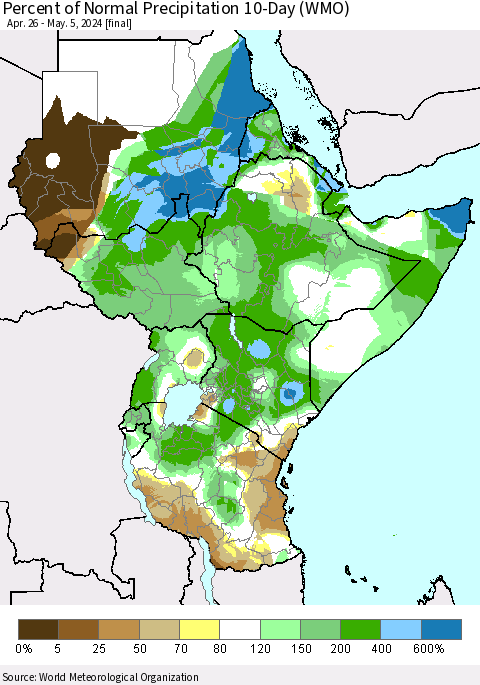 Eastern Africa Percent of Normal Precipitation 10-Day (WMO) Thematic Map For 4/26/2024 - 5/5/2024