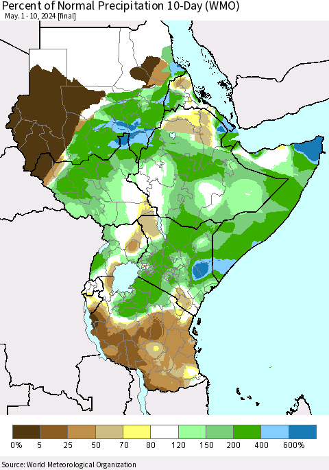 Eastern Africa Percent of Normal Precipitation 10-Day (WMO) Thematic Map For 5/1/2024 - 5/10/2024