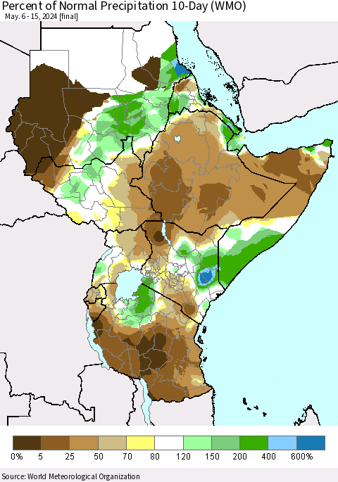 Eastern Africa Percent of Normal Precipitation 10-Day (WMO) Thematic Map For 5/6/2024 - 5/15/2024