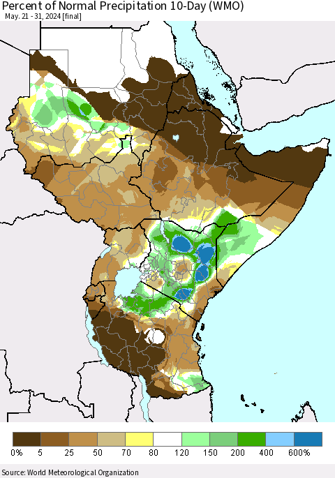 Eastern Africa Percent of Normal Precipitation 10-Day (WMO) Thematic Map For 5/21/2024 - 5/31/2024
