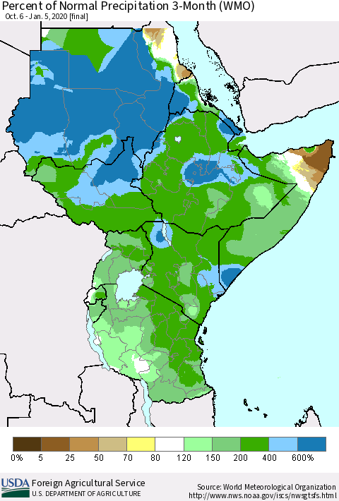 Eastern Africa Percent of Normal Precipitation 3-Month (WMO) Thematic Map For 10/6/2019 - 1/5/2020