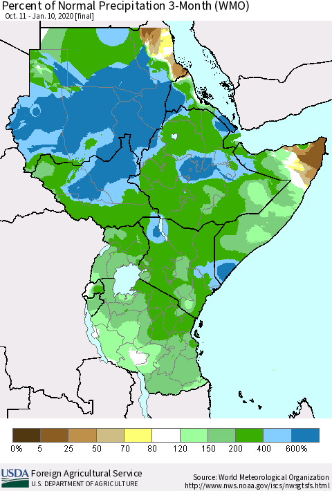 Eastern Africa Percent of Normal Precipitation 3-Month (WMO) Thematic Map For 10/11/2019 - 1/10/2020