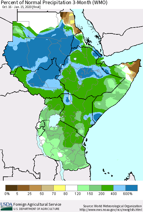 Eastern Africa Percent of Normal Precipitation 3-Month (WMO) Thematic Map For 10/16/2019 - 1/15/2020
