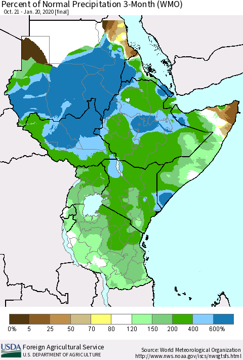 Eastern Africa Percent of Normal Precipitation 3-Month (WMO) Thematic Map For 10/21/2019 - 1/20/2020