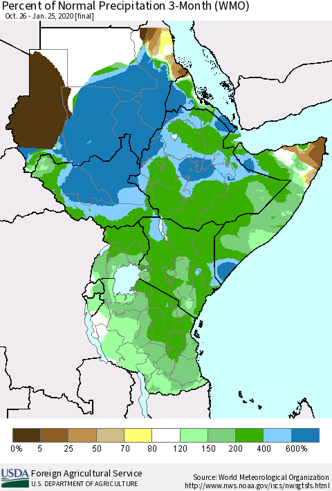 Eastern Africa Percent of Normal Precipitation 3-Month (WMO) Thematic Map For 10/26/2019 - 1/25/2020