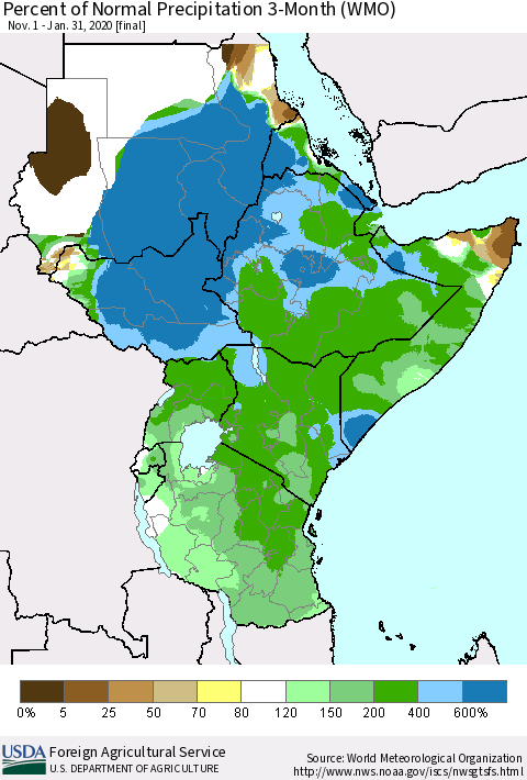 Eastern Africa Percent of Normal Precipitation 3-Month (WMO) Thematic Map For 11/1/2019 - 1/31/2020