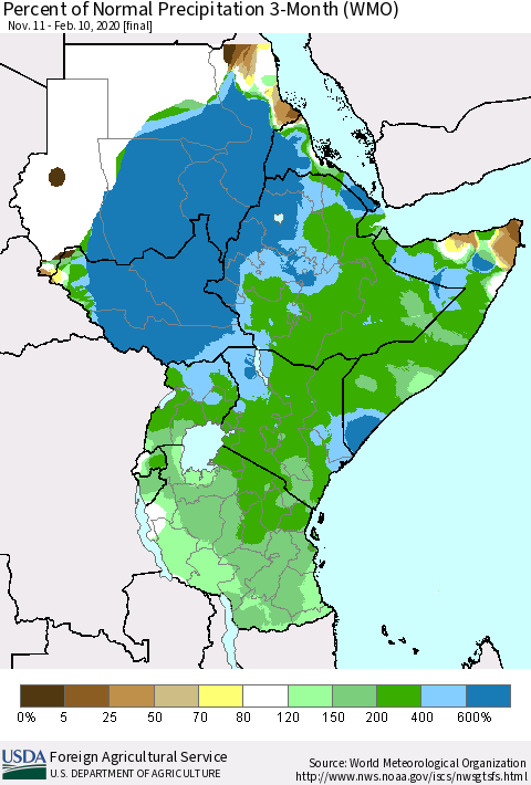 Eastern Africa Percent of Normal Precipitation 3-Month (WMO) Thematic Map For 11/11/2019 - 2/10/2020