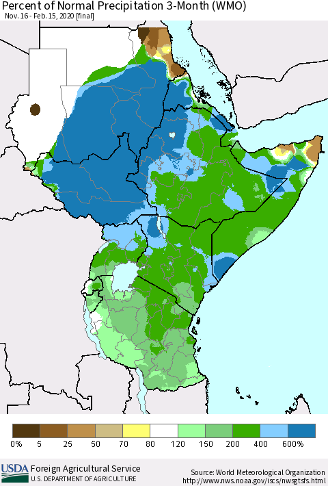 Eastern Africa Percent of Normal Precipitation 3-Month (WMO) Thematic Map For 11/16/2019 - 2/15/2020