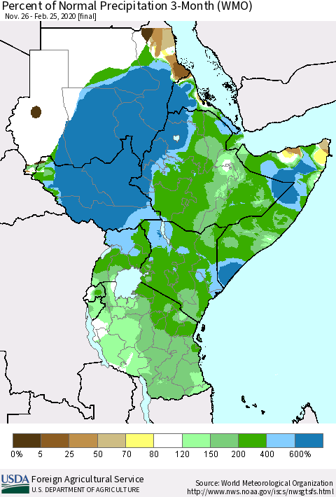 Eastern Africa Percent of Normal Precipitation 3-Month (WMO) Thematic Map For 11/26/2019 - 2/25/2020