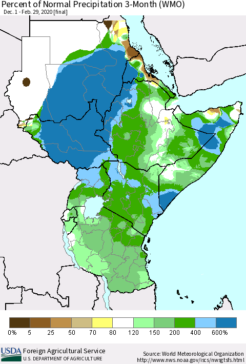Eastern Africa Percent of Normal Precipitation 3-Month (WMO) Thematic Map For 12/1/2019 - 2/29/2020