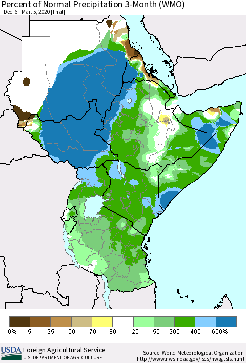 Eastern Africa Percent of Normal Precipitation 3-Month (WMO) Thematic Map For 12/6/2019 - 3/5/2020