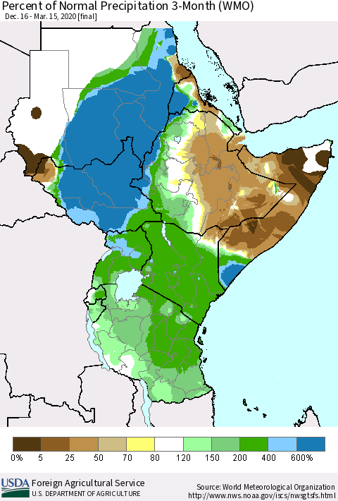 Eastern Africa Percent of Normal Precipitation 3-Month (WMO) Thematic Map For 12/16/2019 - 3/15/2020