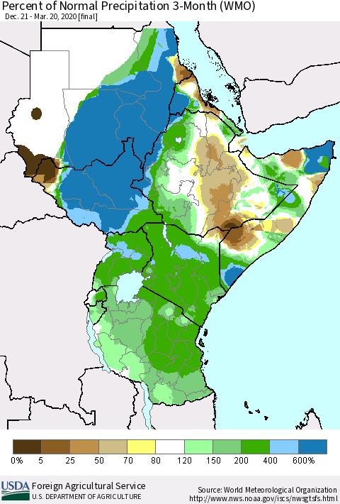 Eastern Africa Percent of Normal Precipitation 3-Month (WMO) Thematic Map For 12/21/2019 - 3/20/2020