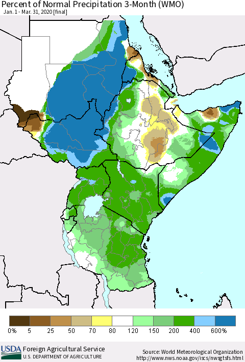 Eastern Africa Percent of Normal Precipitation 3-Month (WMO) Thematic Map For 1/1/2020 - 3/31/2020