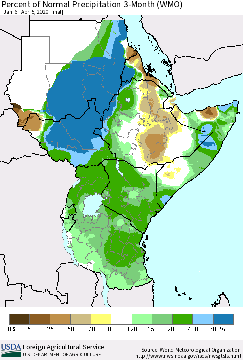 Eastern Africa Percent of Normal Precipitation 3-Month (WMO) Thematic Map For 1/6/2020 - 4/5/2020