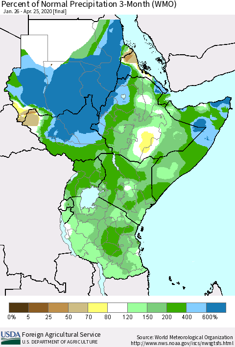 Eastern Africa Percent of Normal Precipitation 3-Month (WMO) Thematic Map For 1/26/2020 - 4/25/2020