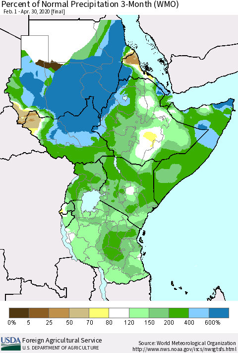 Eastern Africa Percent of Normal Precipitation 3-Month (WMO) Thematic Map For 2/1/2020 - 4/30/2020