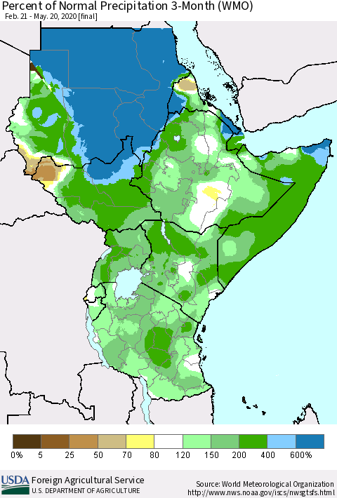 Eastern Africa Percent of Normal Precipitation 3-Month (WMO) Thematic Map For 2/21/2020 - 5/20/2020