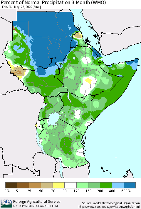 Eastern Africa Percent of Normal Precipitation 3-Month (WMO) Thematic Map For 2/26/2020 - 5/25/2020
