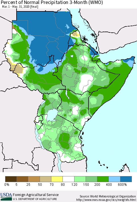 Eastern Africa Percent of Normal Precipitation 3-Month (WMO) Thematic Map For 3/1/2020 - 5/31/2020