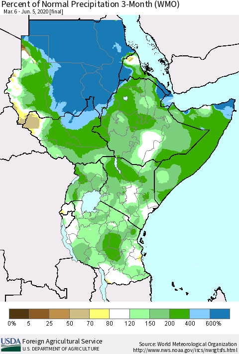 Eastern Africa Percent of Normal Precipitation 3-Month (WMO) Thematic Map For 3/6/2020 - 6/5/2020