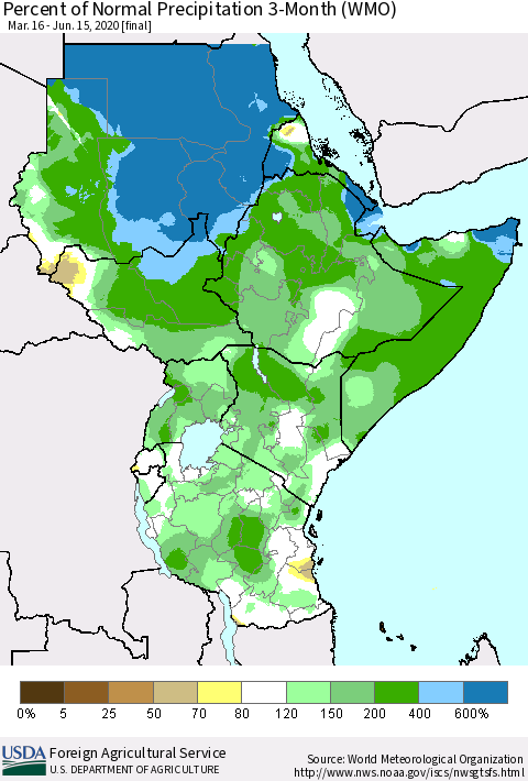 Eastern Africa Percent of Normal Precipitation 3-Month (WMO) Thematic Map For 3/16/2020 - 6/15/2020