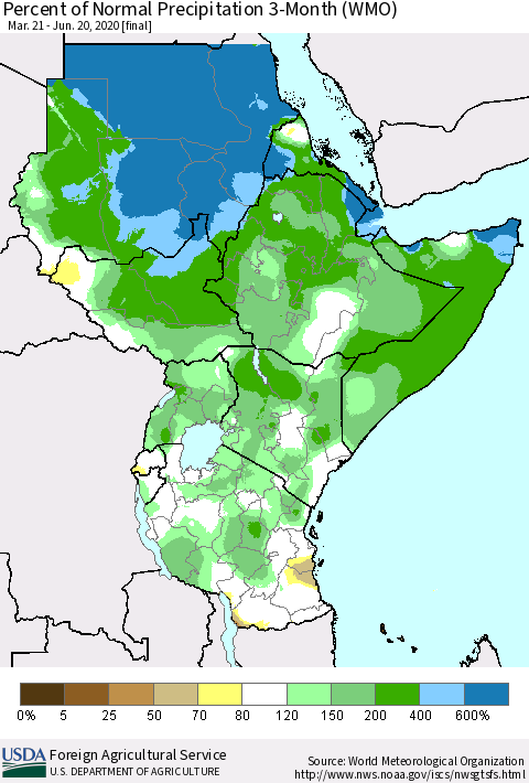 Eastern Africa Percent of Normal Precipitation 3-Month (WMO) Thematic Map For 3/21/2020 - 6/20/2020
