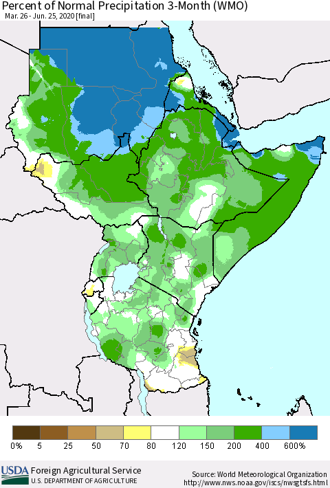 Eastern Africa Percent of Normal Precipitation 3-Month (WMO) Thematic Map For 3/26/2020 - 6/25/2020