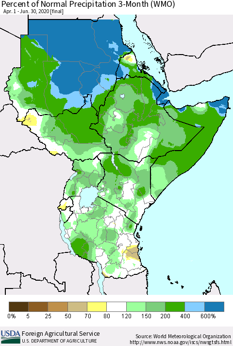 Eastern Africa Percent of Normal Precipitation 3-Month (WMO) Thematic Map For 4/1/2020 - 6/30/2020