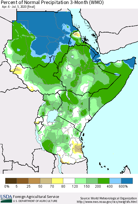 Eastern Africa Percent of Normal Precipitation 3-Month (WMO) Thematic Map For 4/6/2020 - 7/5/2020