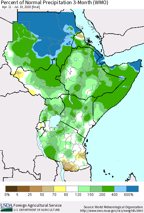 Eastern Africa Percent of Normal Precipitation 3-Month (WMO) Thematic Map For 4/11/2020 - 7/10/2020