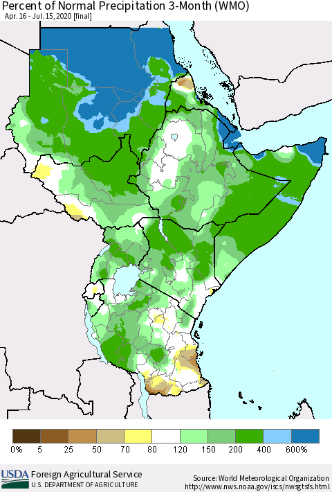 Eastern Africa Percent of Normal Precipitation 3-Month (WMO) Thematic Map For 4/16/2020 - 7/15/2020