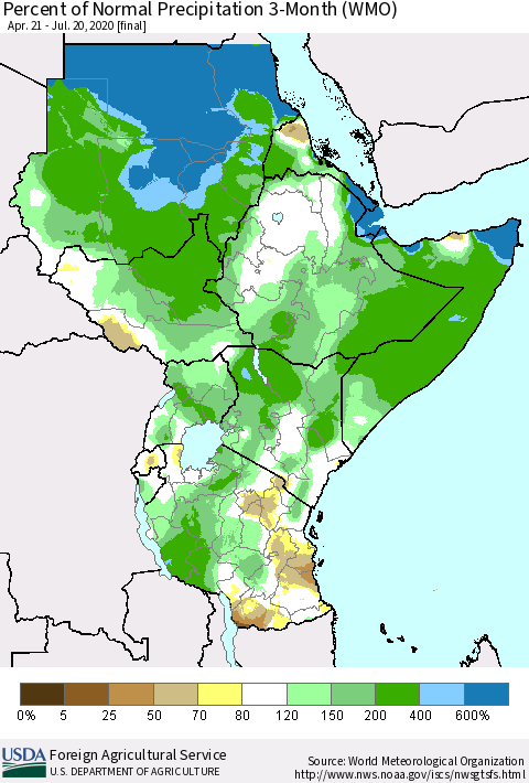 Eastern Africa Percent of Normal Precipitation 3-Month (WMO) Thematic Map For 4/21/2020 - 7/20/2020
