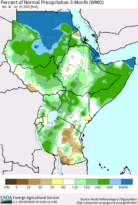 Eastern Africa Percent of Normal Precipitation 3-Month (WMO) Thematic Map For 4/26/2020 - 7/25/2020