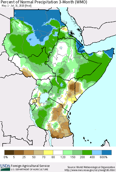 Eastern Africa Percent of Normal Precipitation 3-Month (WMO) Thematic Map For 5/1/2020 - 7/31/2020