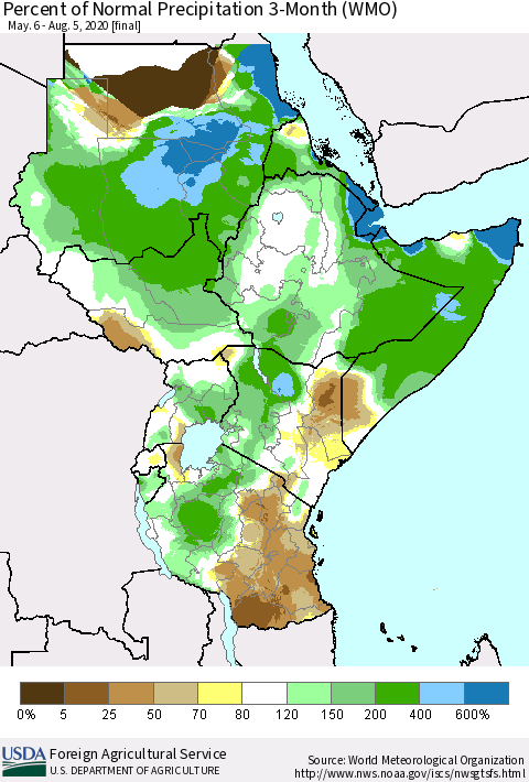 Eastern Africa Percent of Normal Precipitation 3-Month (WMO) Thematic Map For 5/6/2020 - 8/5/2020