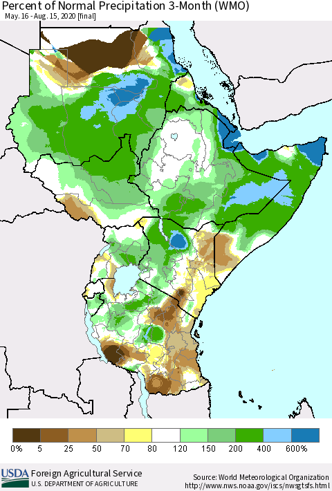 Eastern Africa Percent of Normal Precipitation 3-Month (WMO) Thematic Map For 5/16/2020 - 8/15/2020