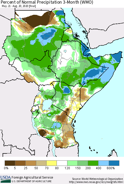 Eastern Africa Percent of Normal Precipitation 3-Month (WMO) Thematic Map For 5/21/2020 - 8/20/2020
