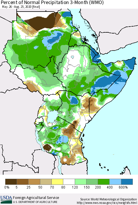 Eastern Africa Percent of Normal Precipitation 3-Month (WMO) Thematic Map For 5/26/2020 - 8/25/2020