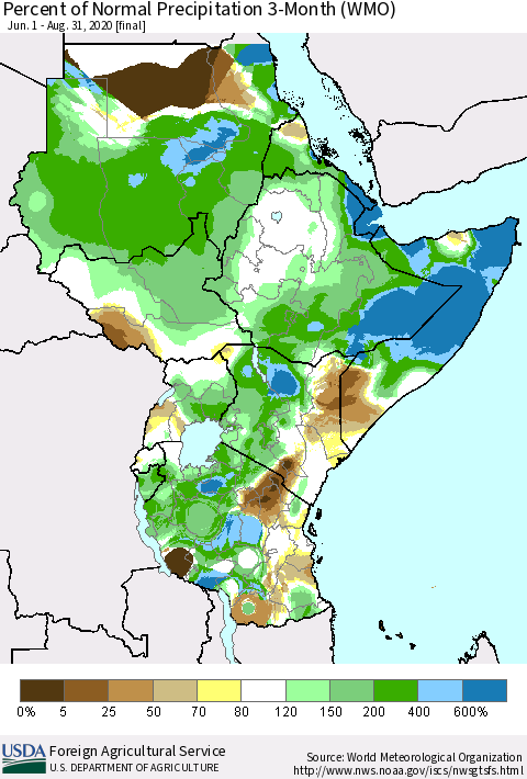Eastern Africa Percent of Normal Precipitation 3-Month (WMO) Thematic Map For 6/1/2020 - 8/31/2020