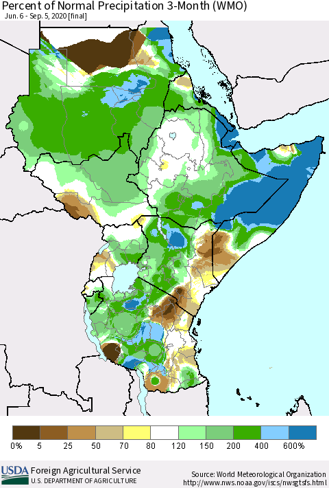 Eastern Africa Percent of Normal Precipitation 3-Month (WMO) Thematic Map For 6/6/2020 - 9/5/2020