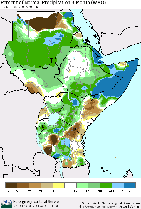 Eastern Africa Percent of Normal Precipitation 3-Month (WMO) Thematic Map For 6/11/2020 - 9/10/2020