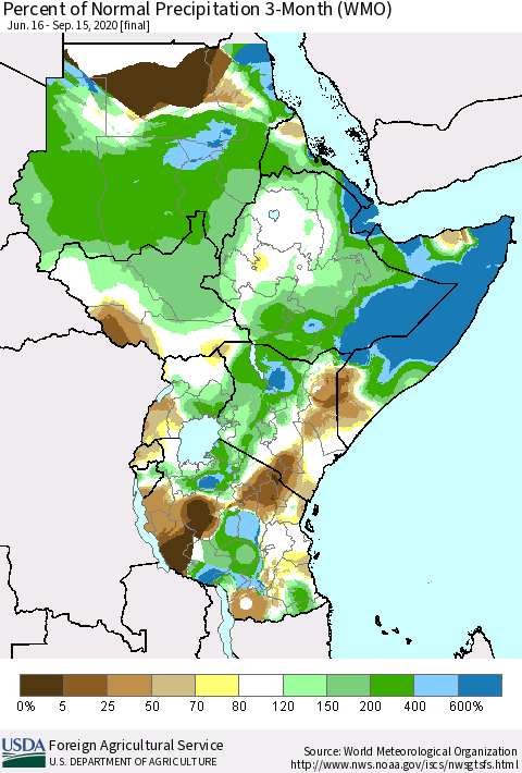 Eastern Africa Percent of Normal Precipitation 3-Month (WMO) Thematic Map For 6/16/2020 - 9/15/2020