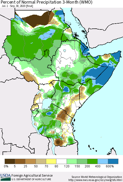 Eastern Africa Percent of Normal Precipitation 3-Month (WMO) Thematic Map For 7/1/2020 - 9/30/2020