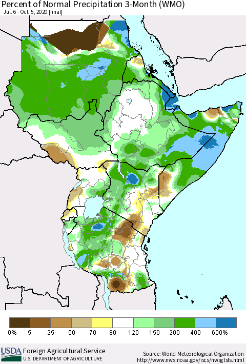 Eastern Africa Percent of Normal Precipitation 3-Month (WMO) Thematic Map For 7/6/2020 - 10/5/2020